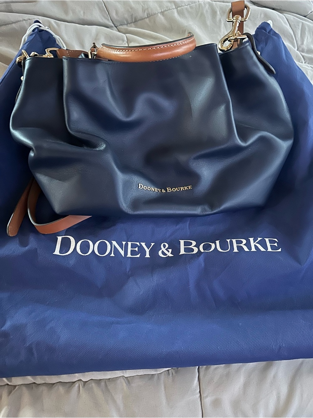Dooney & Bourke Navy Leather Satchel with Tan Accents